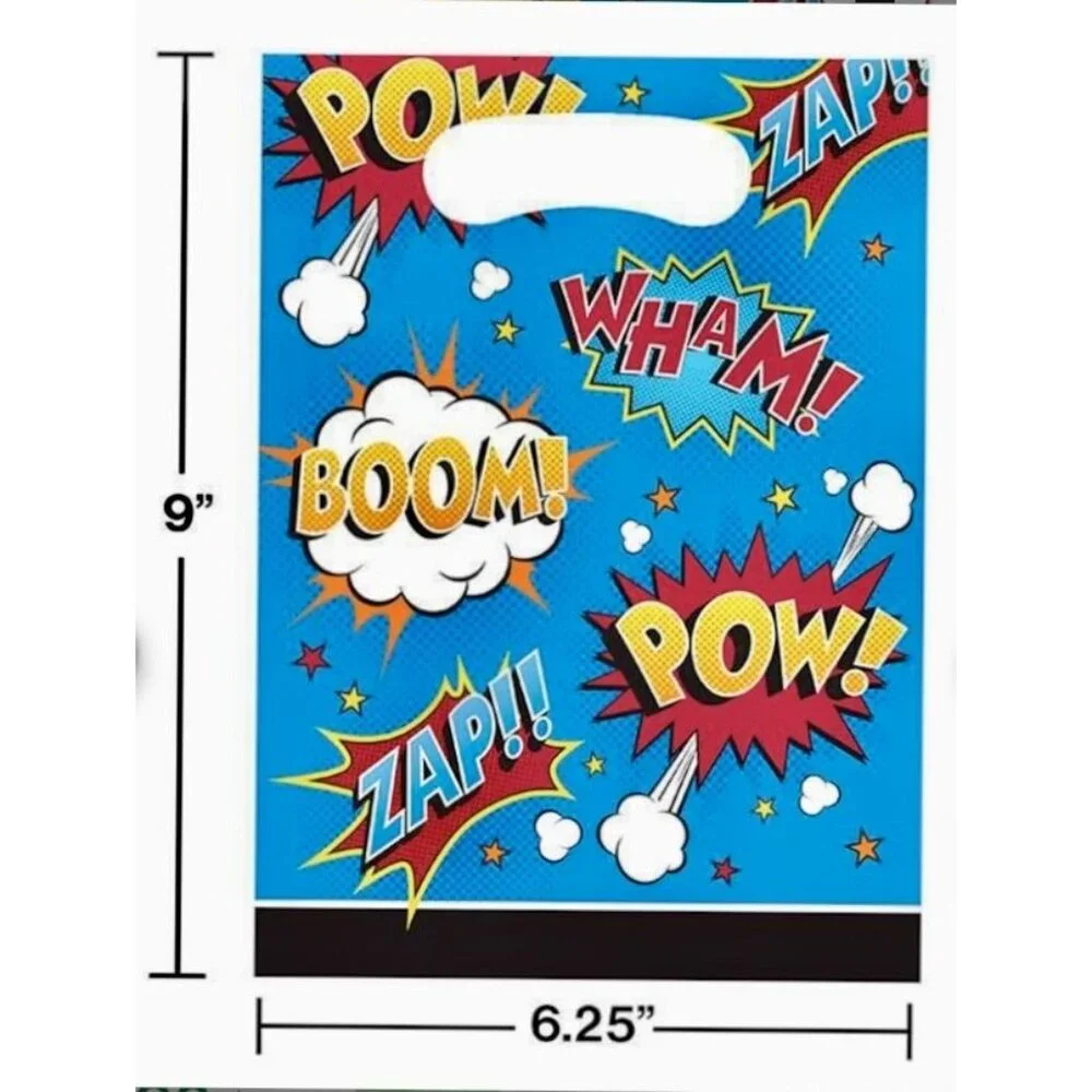 12 Pack Superhero Comic Party Favor Bags POW BOOM ZAP Birthday Loot Bags New